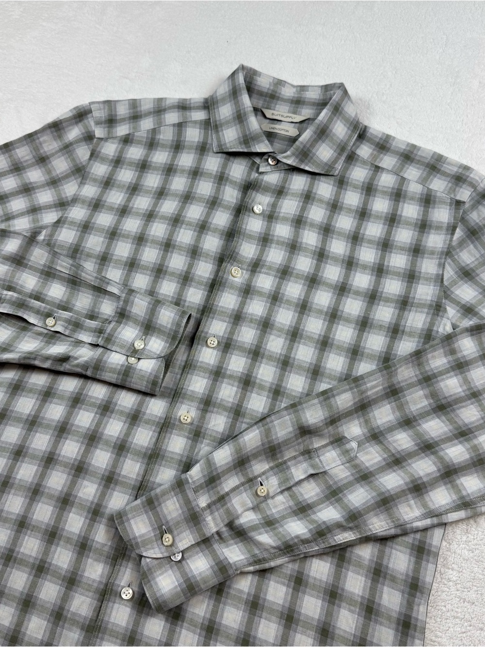 Suitsupply linen cotton shirt men’s 40/15-3/4 plaid gray button up long sleeve